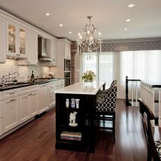 Black and White Art Deco Kitchen With Chandelier