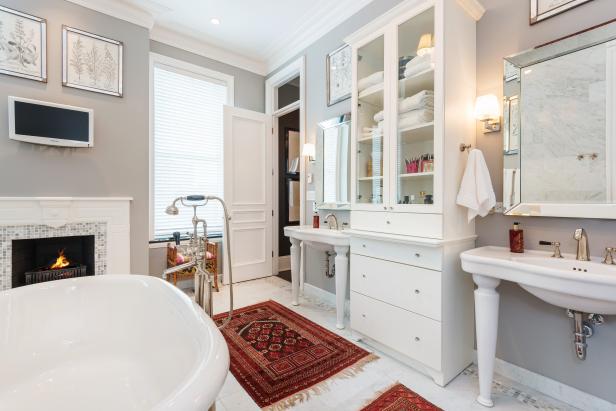 Bright, White Transitional Bathroom With Split Vanities and Red Accent Rugs Bright, White Transitional Bathroom With Split Vanities and Red Accent Rugs