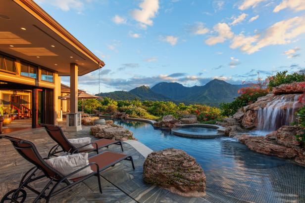 Tropical Stone Patio With Salt Water Pool and Waterfall Tropical Stone Patio With Salt Water Pool and Waterfall