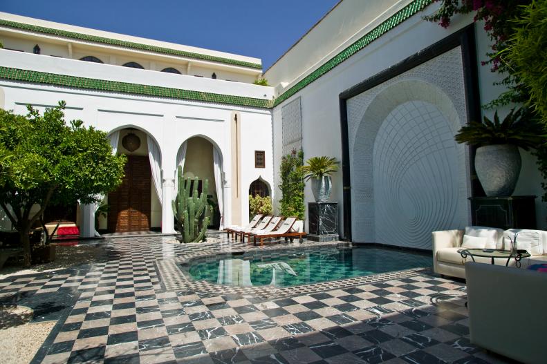 Moroccan Courtyard With Black-and-White Tile, Swimming Pool