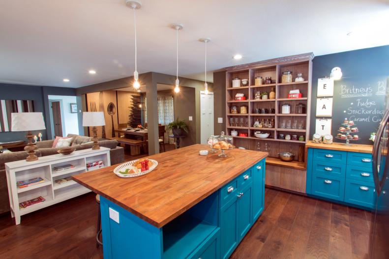 Transitional Kitchen With Teal Cabinets, Open Pantry Shelving