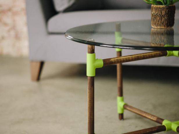 Make a midcentury modern-style coffee table with PVC piping and wood dowels.