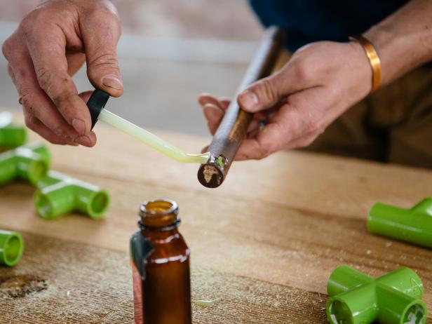 Apply contact cement to wood dowel to make a coffee table.