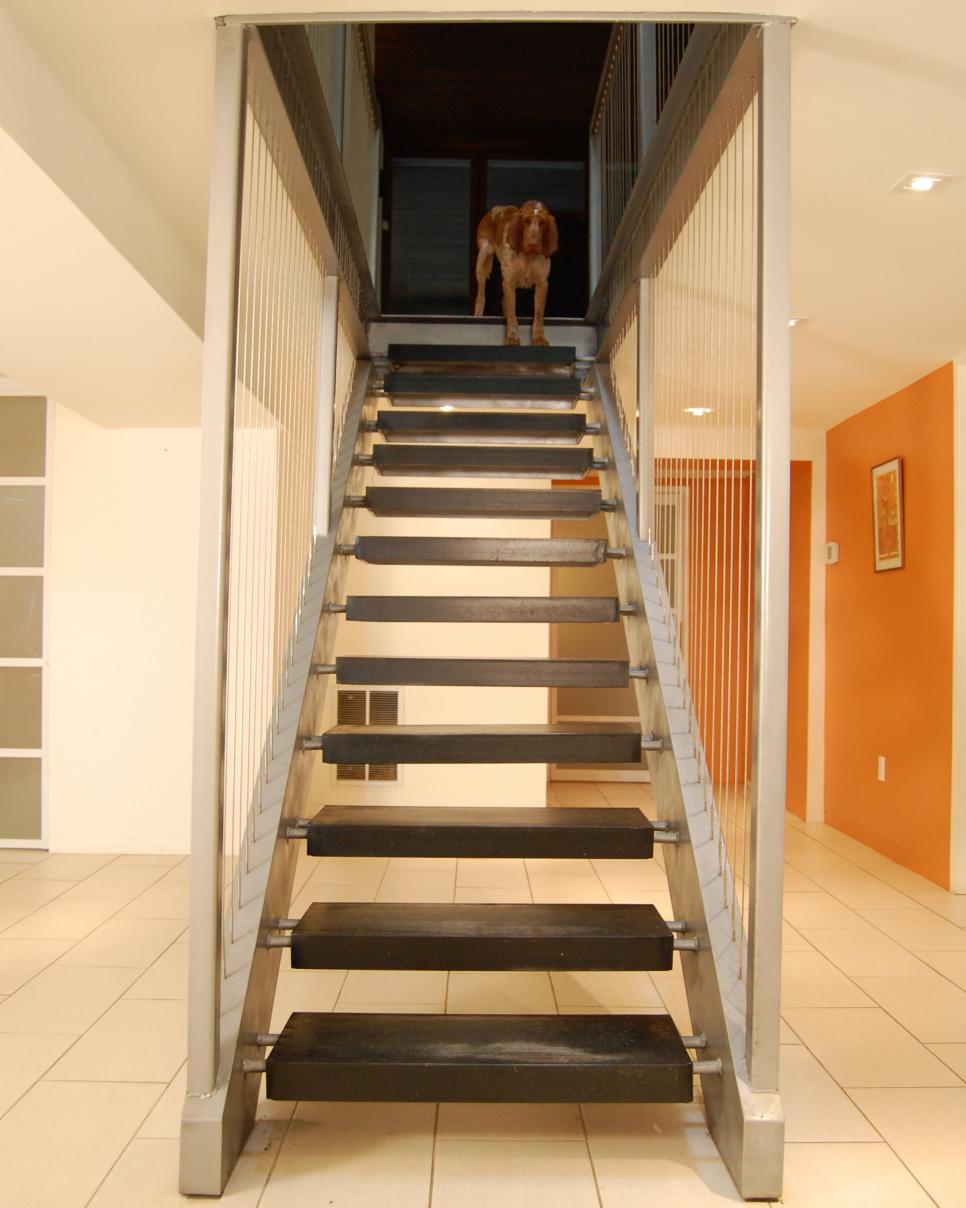 Staircase With Vertical Cable Railing Brown Dog at Top of Floating Staircase