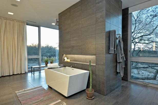 Gray Contemporary Bathroom With Freestanding Bathtub