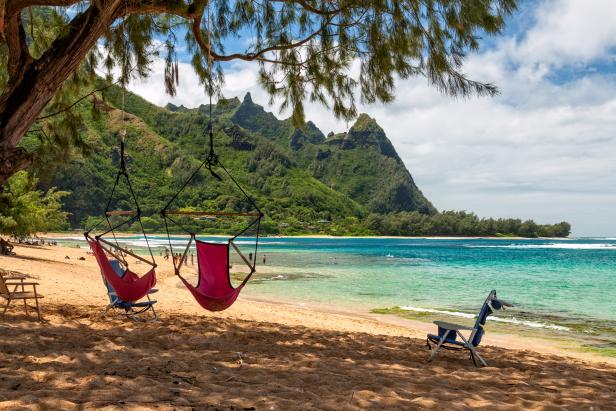 Waterfront Sitting Area With Hanging Hammock Chairs Waterfront Sitting Area With Hanging Hammock Chairs