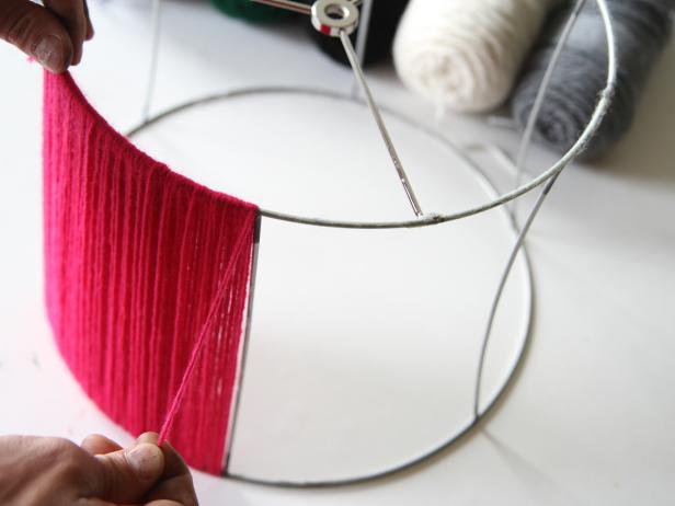 Wrap first yarn color around lampshade until you reach the first vertical post.