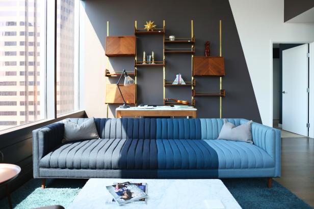 Blue Midcentury Sofa and Wood Shelving Blue Midcentury Sofa and Wood Shelving