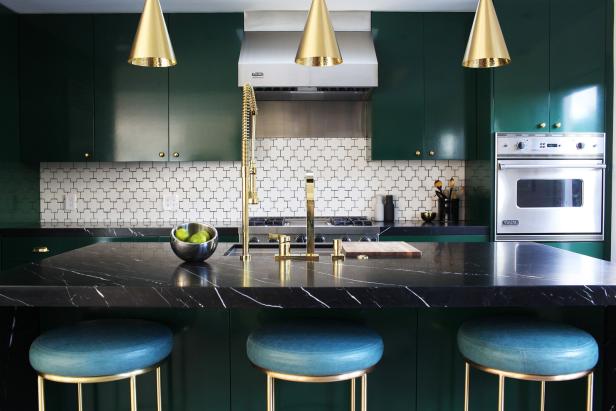 Green and White Eclectic Kitchen With Brass Pendants Green and White Eclectic Kitchen With Brass Pendants