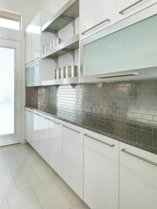 Modern White Kitchen with Silver Subway Tile Backsplash Modern White Kitchen with Silver Subway Tile Backsplash