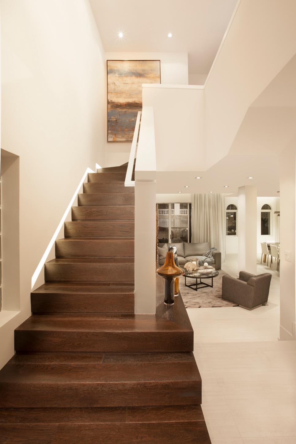 Light, Neutral Entry Feels Spacious, Organic Contemporary Neutral Foyer With Wood Stairs