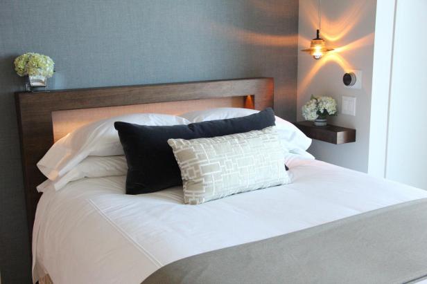 Modern Bedroom with Wood Headboard and Floating Shelf Modern Bedroom with Wood Headboard and Floating Shelf