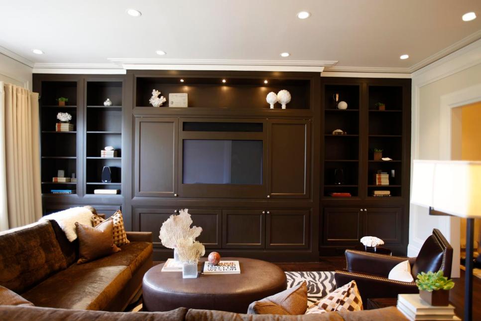 Cozy Contemporary Family Room with Entertainment Center Contemporary Sitting Room with Deep Brown Tones