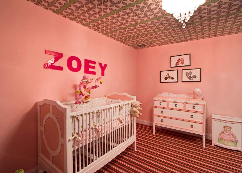 Light Pink Nursery With Patterned Ceiling, Striped Floor and Personalized Name Wall Art Transitional Pink Nursery