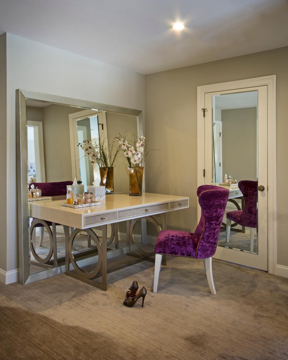 Gorgeous Transitional Vanity Setup With Burgundy Velvet Chair With Nailhead Trim and Oversize Mirror Neutral Transitional Vanity