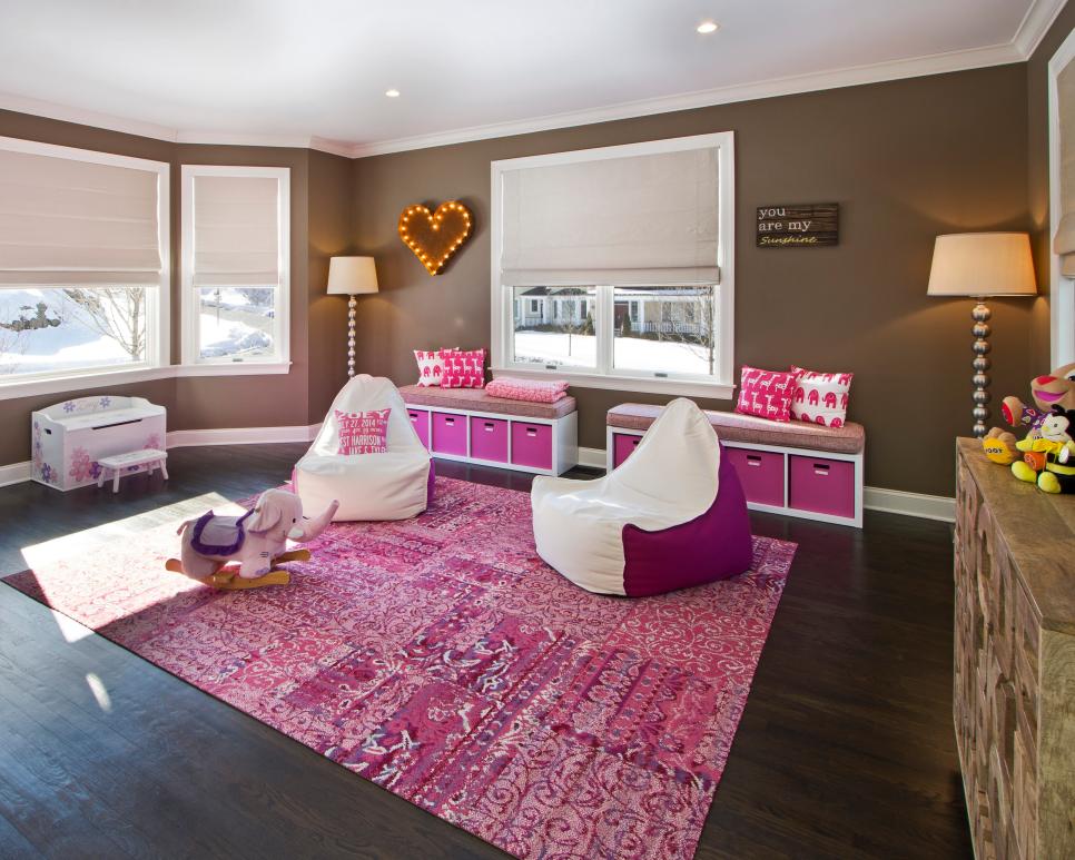 Girl's Playroom With Hot Pink and White Accents, Beanbag Floor Chairs and Bench Storage Contemporary Girl's Playroom