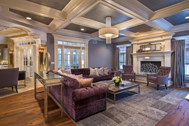 Beautiful Contemporary Living Room With Violet Velvet Sofa, Lavender Details and Coffered Ceiling Beautiful Contemporary Living Room With Violet Velvet Sofa, Lavender Details and Coffered Ceiling