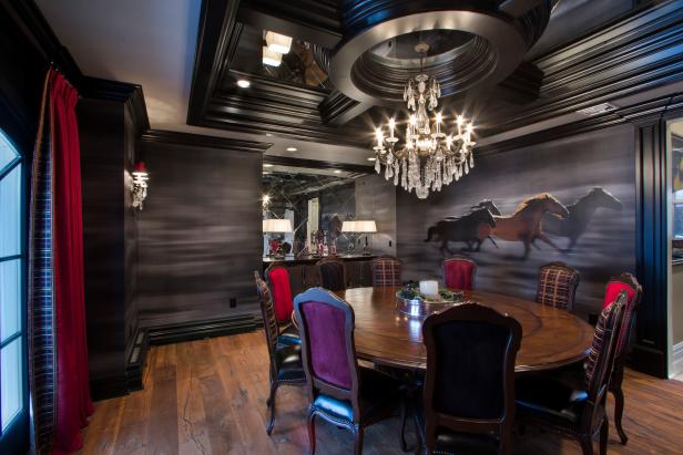 Large Circular Table in Transitional Dining Room With Saturated Red Accents, Blurred Wall Look and Ceiling Molding Design Large Circular Table in Transitional Dining Room With Saturated Red Accents, Blurred Wall Look and Ceiling Molding Design