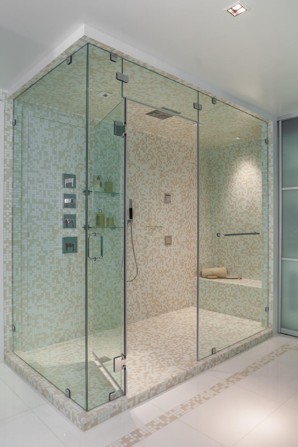 Glass Walk-In Shower With Neutral Mosaic Tiles Glass Shower With Neutral Mosaic Tiles