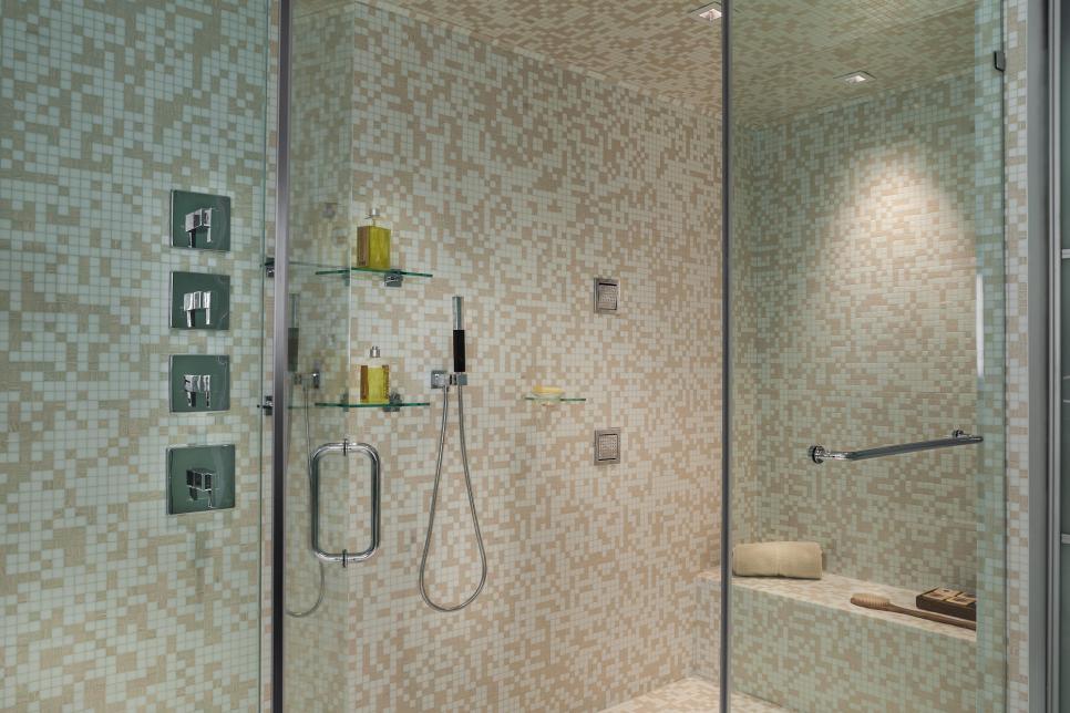 Walk-In Shower With Brown and White Mosaic Tiles Walk-In Shower With Neutral Mosaic Tiles