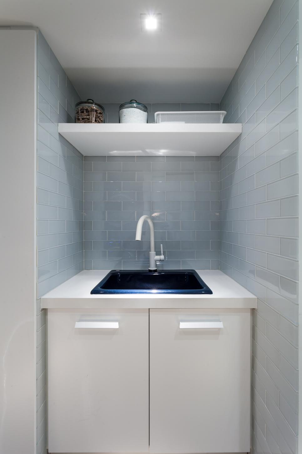 White Sink With Gray Subway Tile Backsplash White Sink With Gray Tile Backsplash