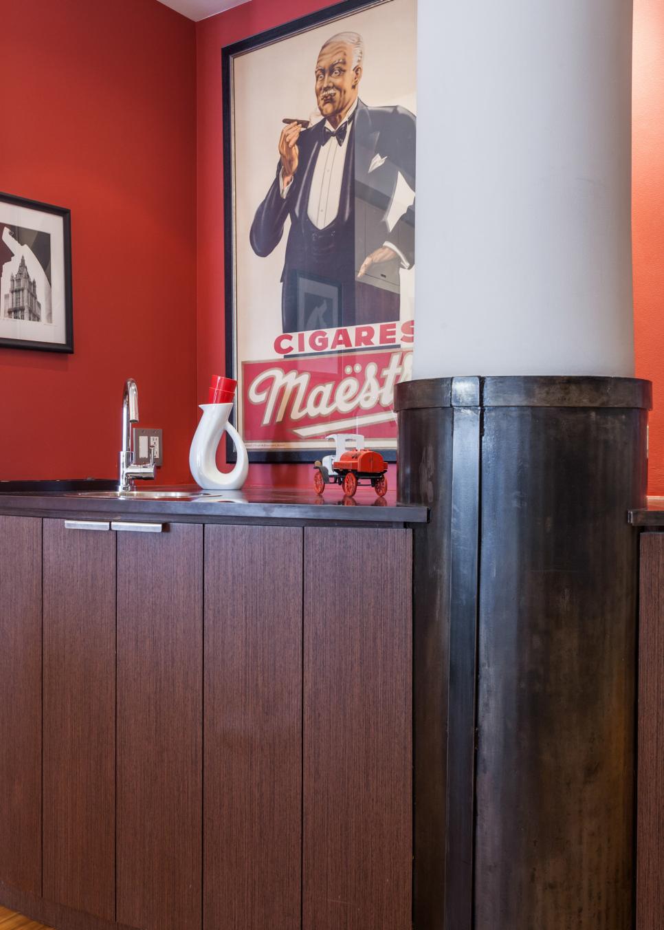 Contemporary Wet Bar With Vintage Art Contemporary Red Bar Area With Sleek Brown Wood Cabinets