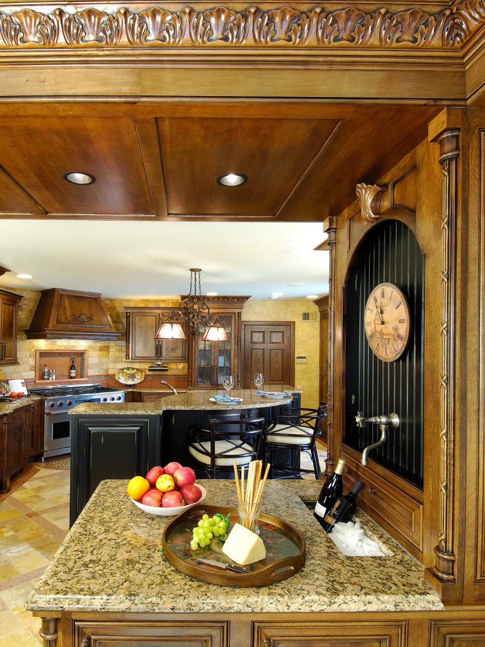 Gorgeous Mediterranean Kitchen Boasts Neutral Countertops Mediterranean Kitchen with Wood Paneled Walls