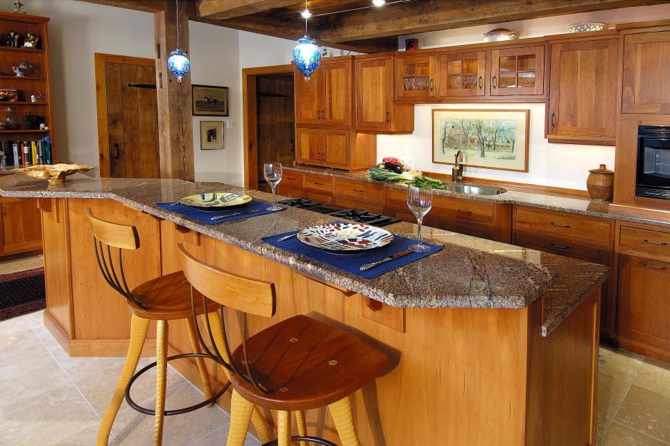 Contemporary Kitchen with Wood Cabinets and Large Kitchen Island Wood Kitchen with Blue Pendants