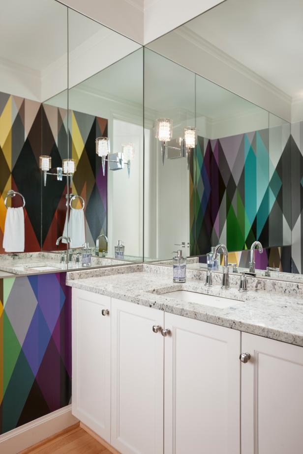Bold Multicolor Wallpaper in Modern Powder Room Bold Multicolor Wallpaper in Modern Powder Room