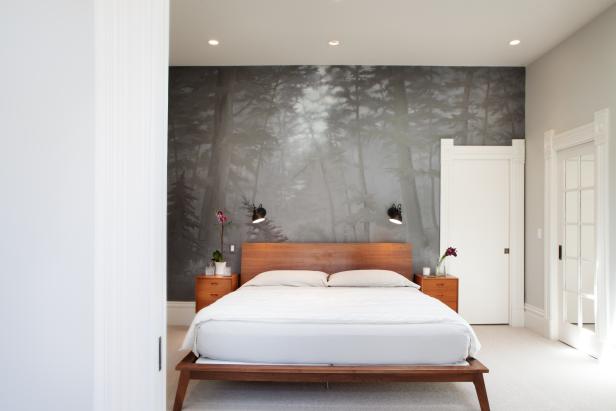 Gray Bedroom with Mural of California Redwoods and Natural Wood Furniture Gray Bedroom with Mural of California Redwoods and Natural Wood Furniture