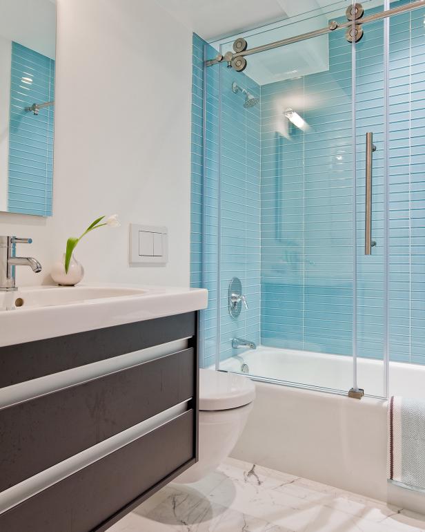 White Bathroom With Blue Glass Tile Backsplash White Bathroom With Blue Glass Tile Backsplash
