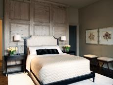 Soft Fabrics and Pecky Cypress Accent Wall in Neutral Master Suite