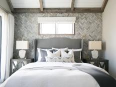 Transitional Master Bedroom With Gray Headboard and White Bedding