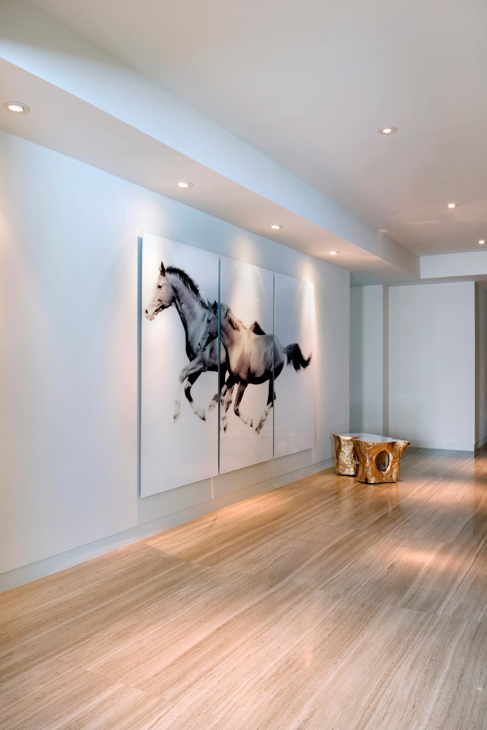 Contemporary Hallway with Large Black and White Painting Spacious and Open Contemporary Hall
