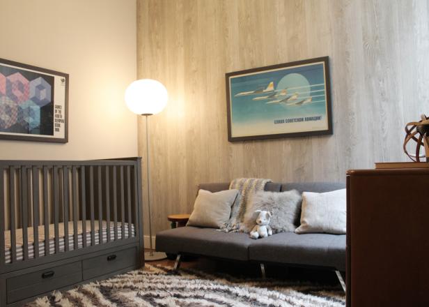 Neutral Nursery with Gray Crib and Wood-patterned Wallpaper Neutral Nursery with Gray Crib and Wood-patterned Wallpaper