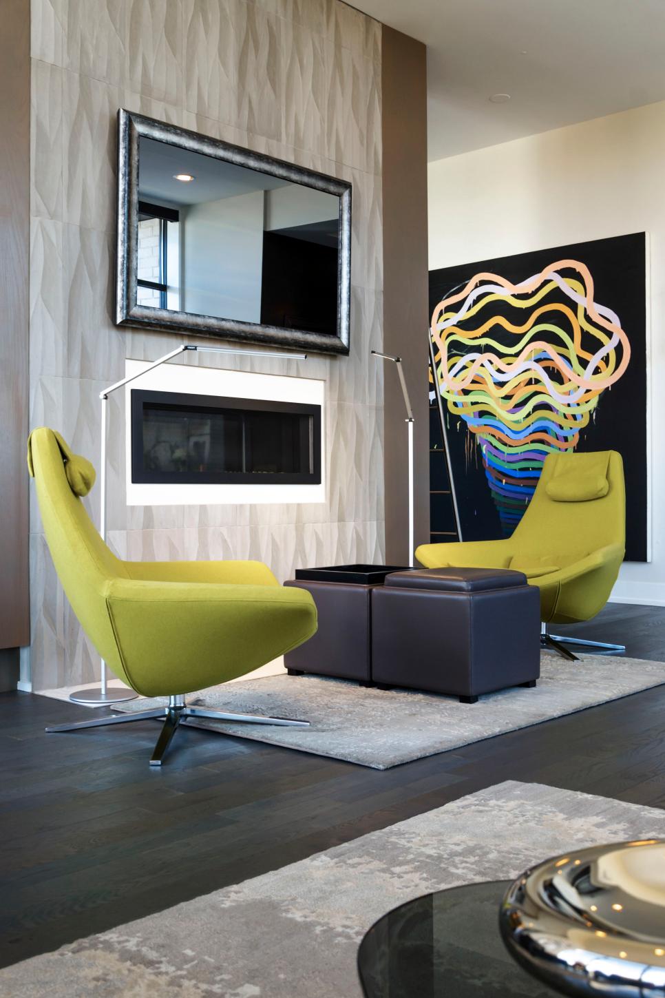 Modern Style Living Room With Sleek Fireplace And Chartreuse Chairs Modern Seating Area With Modern Style Chairs And Fireplace Surround