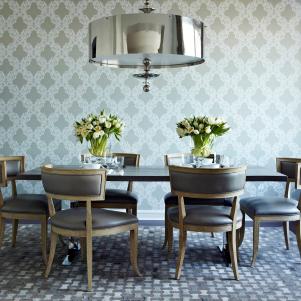 Dining Room With Gray & White Patterned Wallpaper and Metal Chandelier