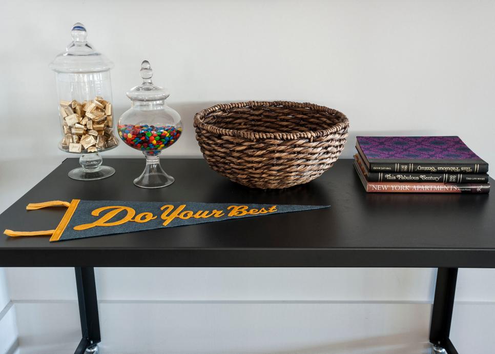Snack Table Black Table With Apothecary Jars, Basket, Books