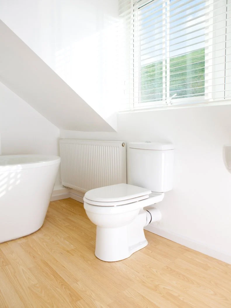 Toilet and Tub in White Bathroom