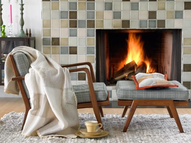 Wood Chair in Front of Tiled Fireplace Wood Chair in Front of Tiled Fireplace