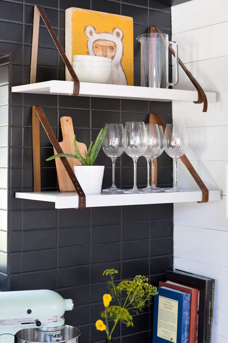 Custom Kitchen Shelves With Vintage Leather Belt Supports Vintage Leather Belts Holding up White Shelves