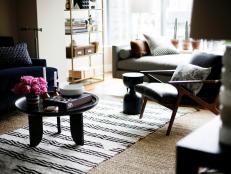 Contemporary Living Area With Black & White Stripe Rug, Dark Furniture