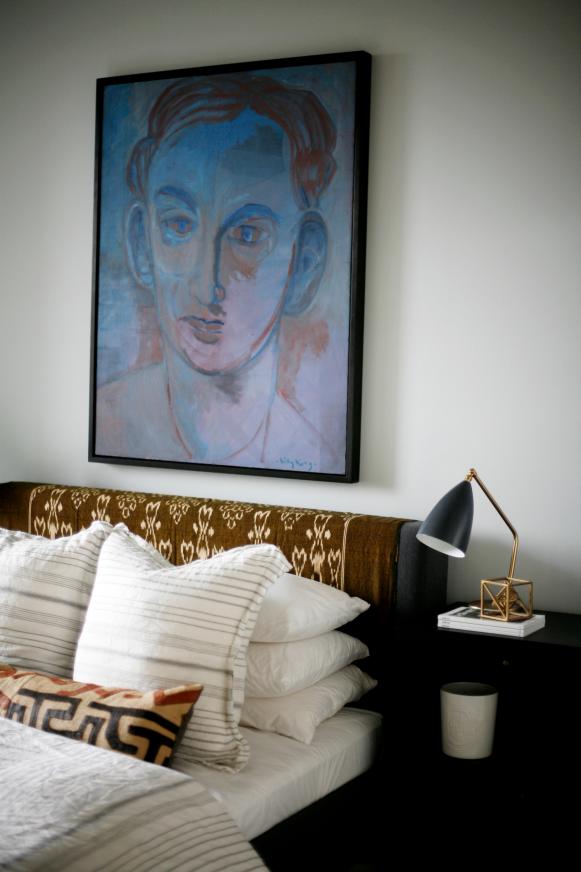 Midcentury Bedroom Features Upholstered Bed & Framed Art Midcentury Bedroom Features Upholstered Bed & Framed Art