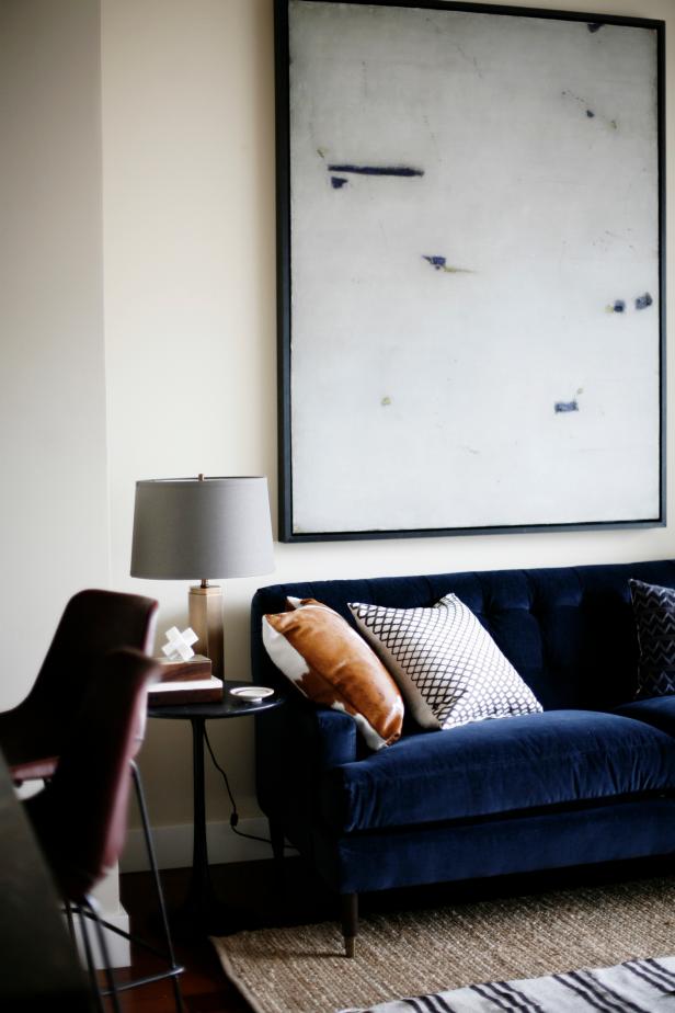 Navy Blue Velvet Sofa & Minimalist Art Navy Blue Velvet Sofa & Minimalist Art