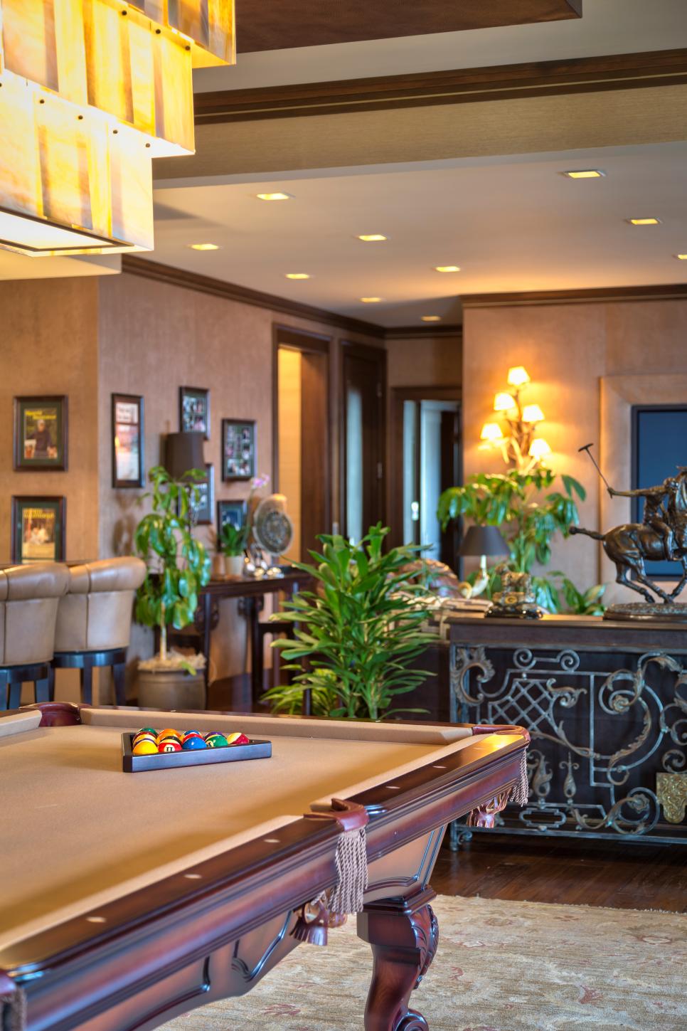 Game Room with Tropical Design and Pool Table Tan and Wood Pool Table