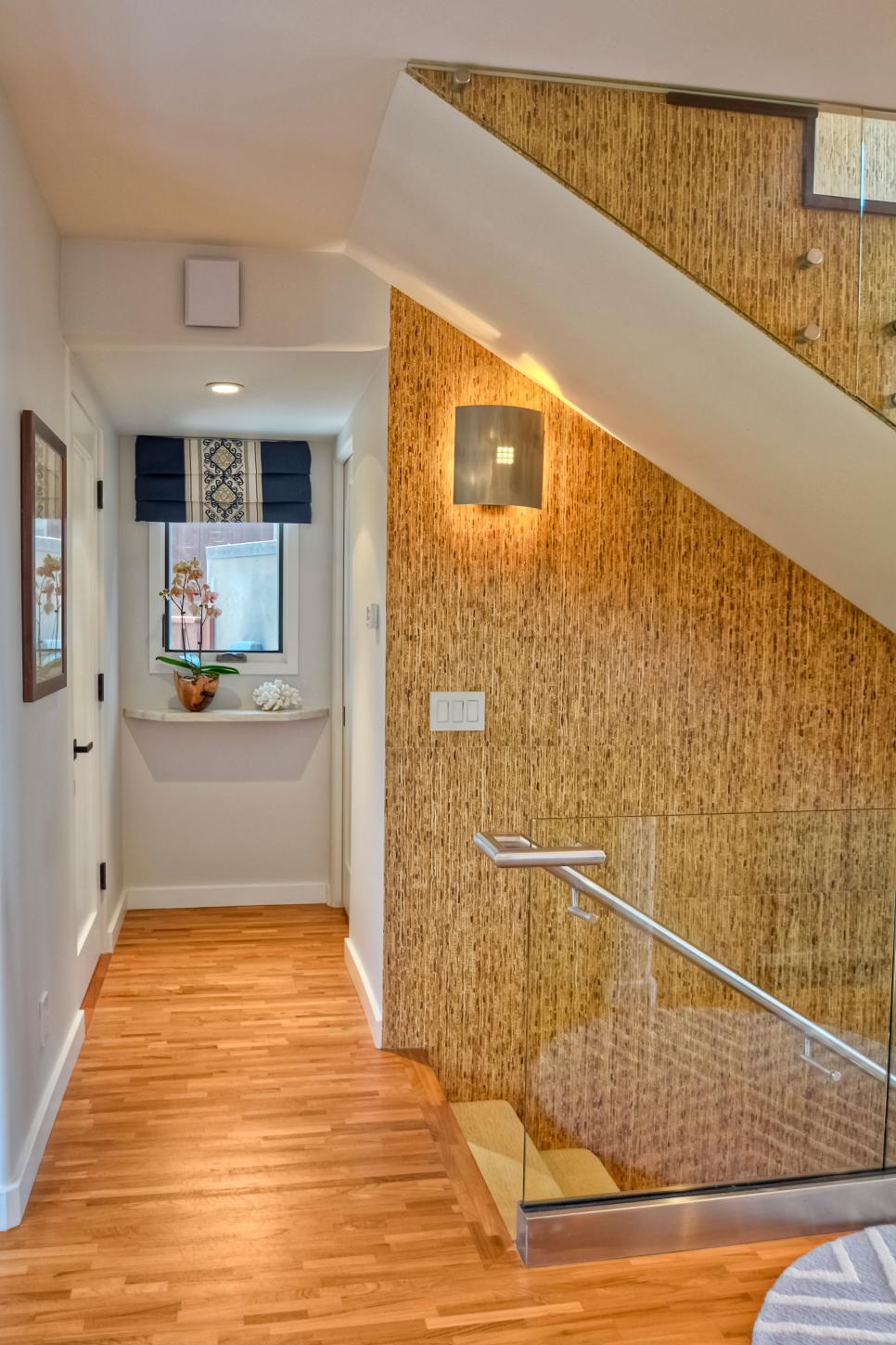 Contemporary Hallway with Hardwood Floors and Natural Fiber Wallpaper Hall and Stairs with Grass Wallpaper