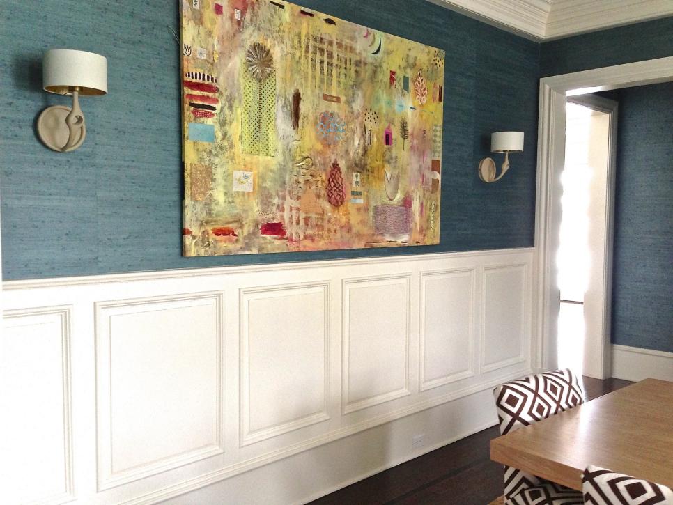 Colorful Abstract Art in Lovely Blue Dining Room Transitional Blue Dining Room With Multicolor Contemporary Art