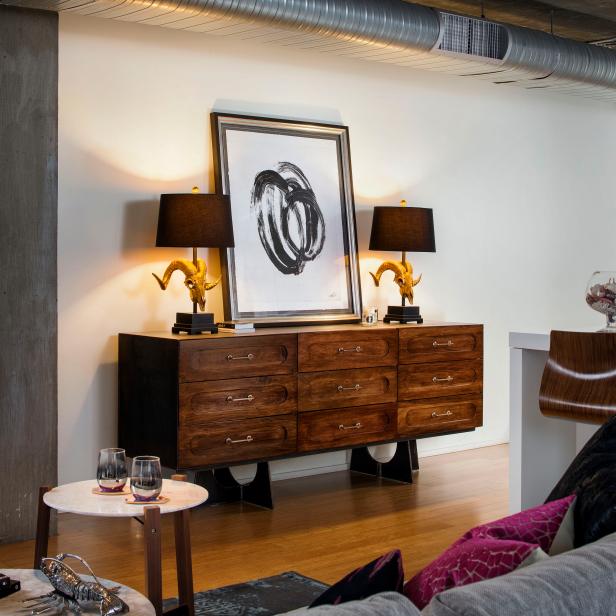 Wood Dresser and Gold Skull Lamps Wood Dresser and Gold Skull Lamps