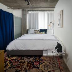 Urban Small Bedroom With Blue Curtain