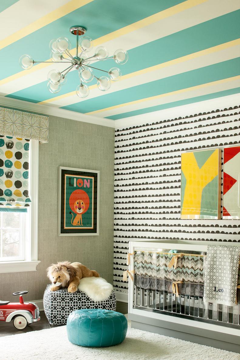 Gray Midcentury Modern Nursery With Striped Ceiling